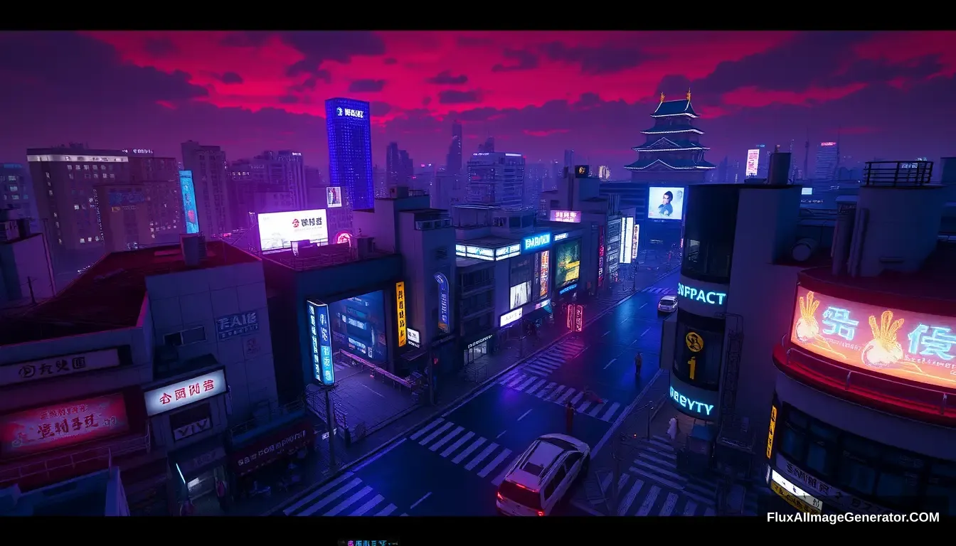 A Shibuya Scramble Crossing game concept design, nice and detailed, Cyberpunk style, Tokyo city night, Aerial view, Abandoned buildings and vehicles, blue and purple neon lights, Japanese Edo Castle, sky is dyed red, unreal engine, PBR rendering, CG style. - Image