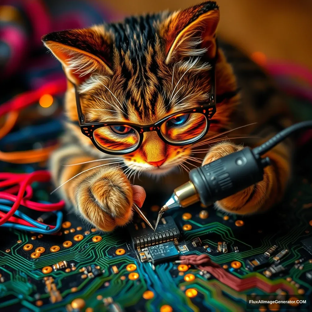 A mischievous tabby cat, wearing tiny spectacles, meticulously solders a circuit board with an iron. Vibrant threads weave intricate patterns, mimicking electronic pathways. Warm lighting. Delicate French knots form components. Style: Hyper-realistic embroidery art, blending traditional craftsmanship with modern technology.