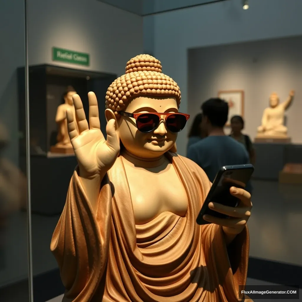 "At the museum, there's an artifact of the Buddha wearing sunglasses and looking at a phone, making a V-sign. It's a humorous shot, with comical movements. It's an interesting piece on display, making everyone smile." - Image