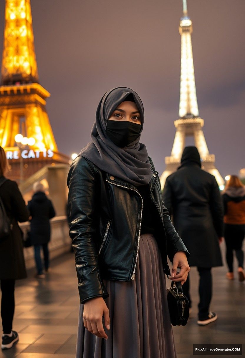 Biggest grey hijab Muslim girl, beautiful eyes, face mask black, leather jacket, biggest longest skirt, standing near Eiffel Tower, night scenery, strangers back, hyper realistic, photorealistic, street photography, hold someone's hand from opposite, come hold my hand.