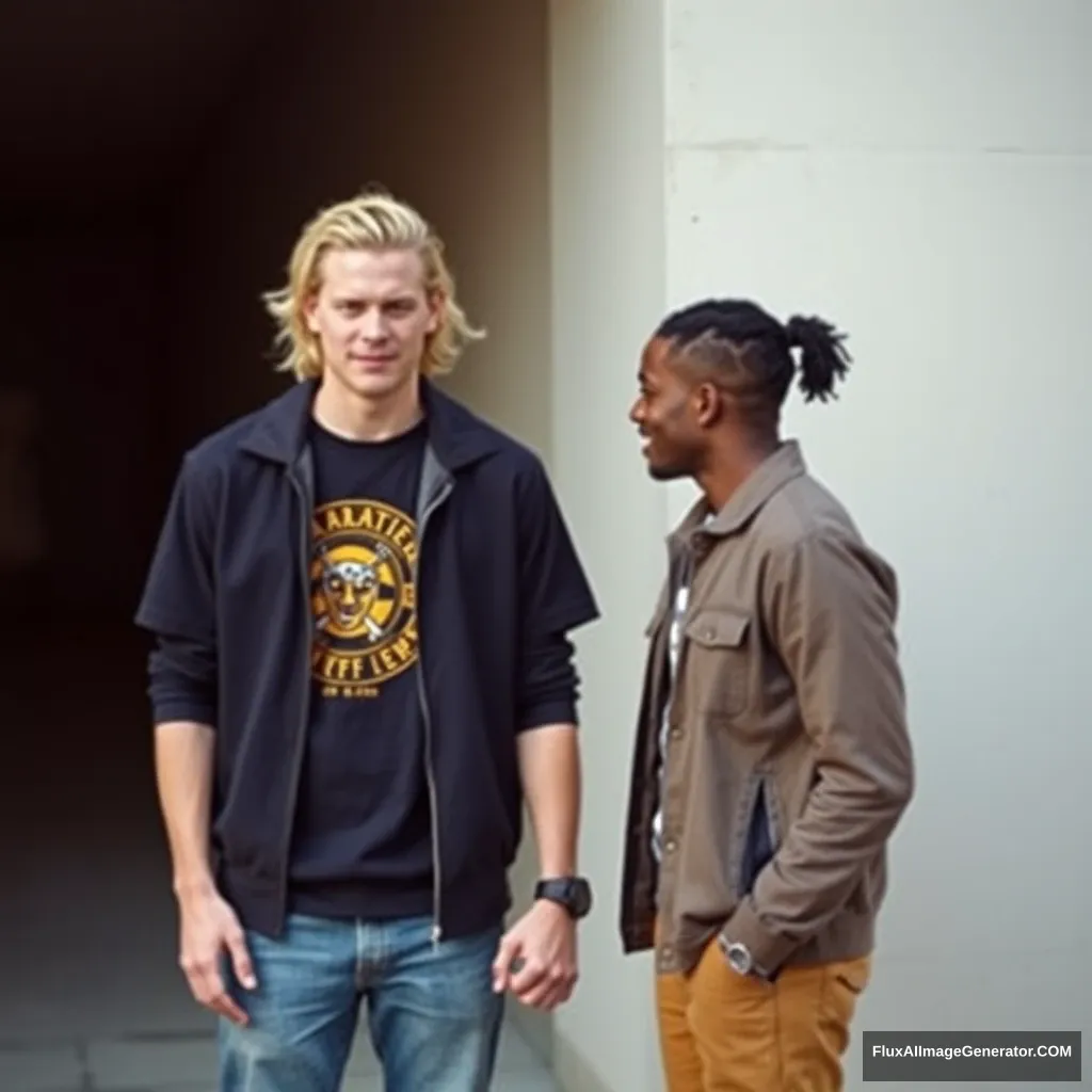 blonde man and pony-tailed black hair man standing in front of the wall holding each other's hand