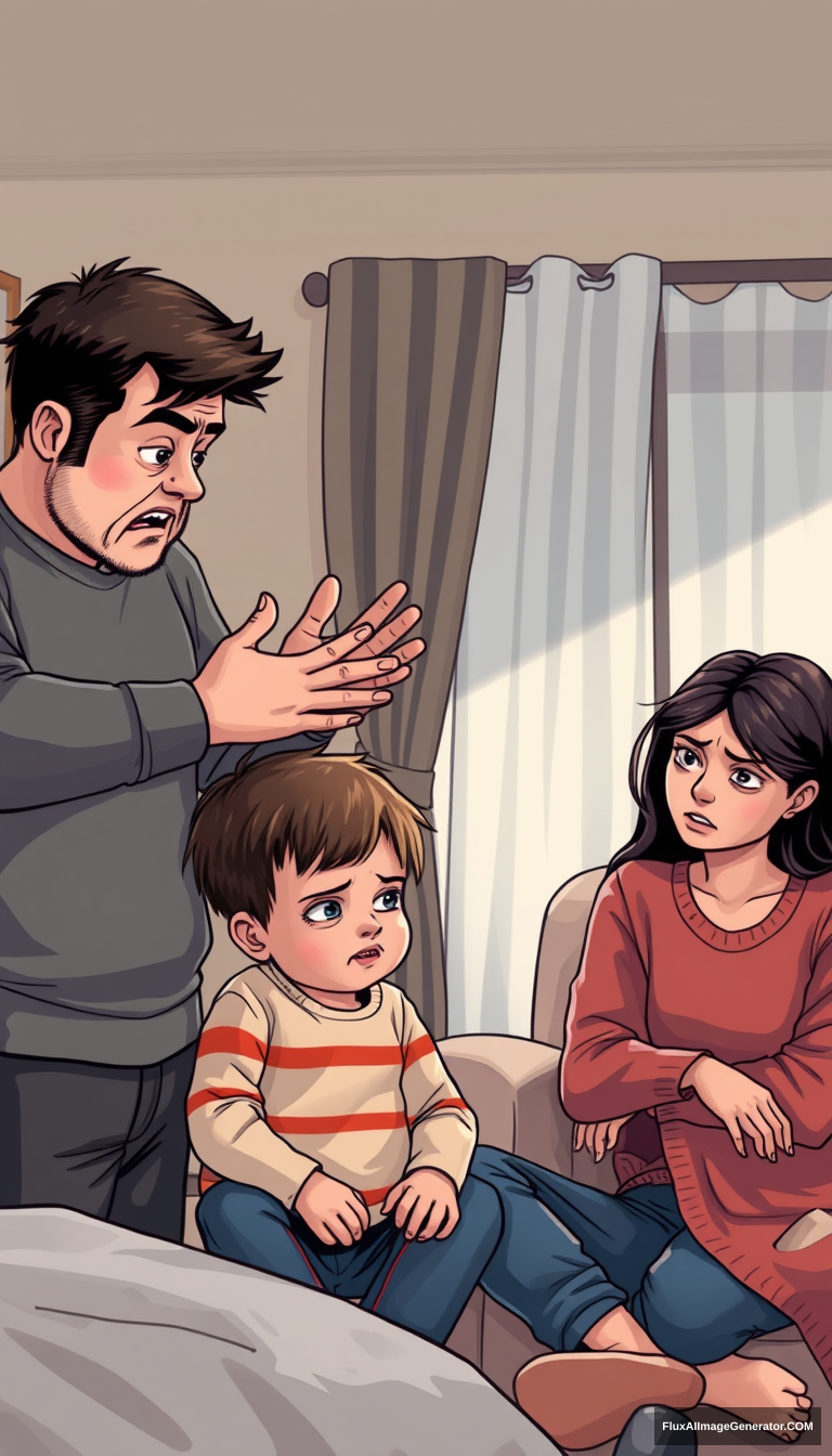 A father is scolding a child, the child is crying, the mother is sitting aside, looking depressed, depicting a tense family atmosphere. Full body shot, extra realistic, no comic. - Image