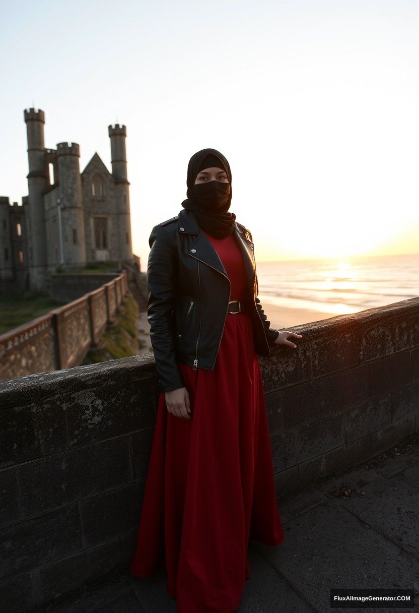 A biggest black hijab girl, beautiful eyes, face mask black, black leather jacket, biggest red longest dress, untall,

Jamie Dornan, handsome, face mask black, fit and tough body, metal red t-shirt, black leather jacket, jeans, tall man,

standing near wall together, Hyper realistic, photorealistic, street photography, Victoria's abandoned castle, near beach, sunrise.