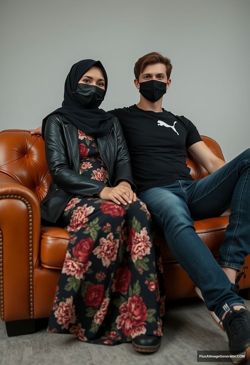 A biggest black hijab girl, slim girl, beautiful eyes, face mask black, black leather jacket, biggest floral long dress, black leather sneaker, sitting on leather single wing sofa,

Jamie Dornan, youngest, puma black T-shirt, jeans, black leather sneaker, tall man, face mask black, fit body, sitting near her,

hyper realistic, studio photography.