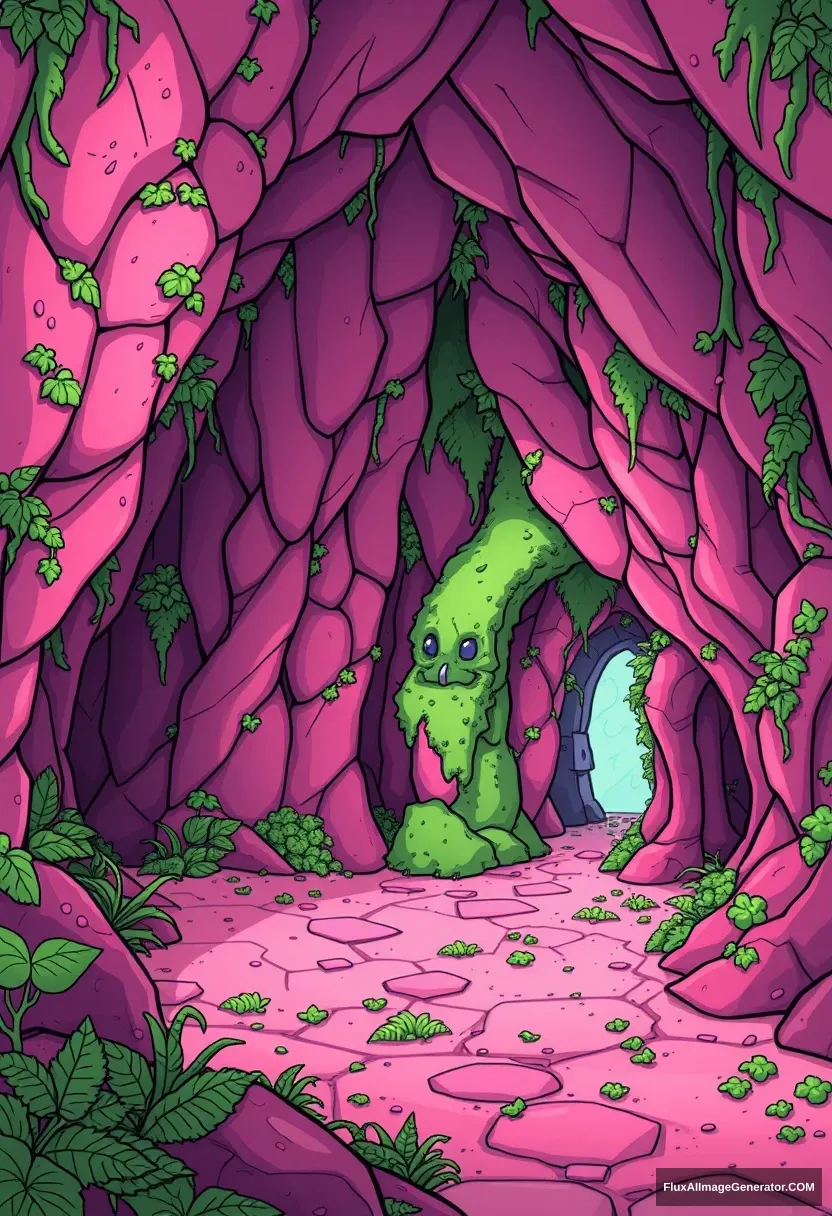 A bio-organic pink dungeon in a Zelda cartoon. - Image