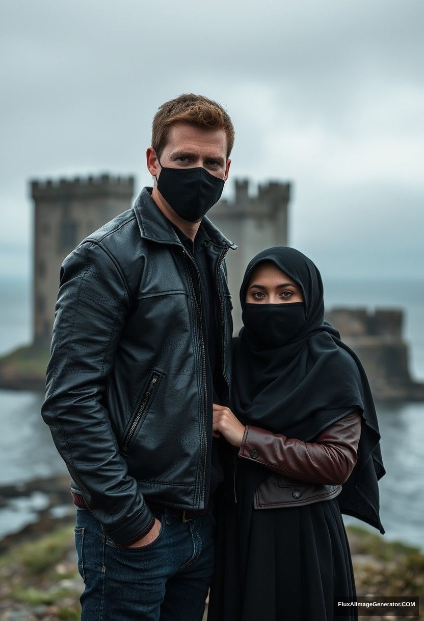 Jamie Dornan's head and body shot, handsome, youngest, black face mask, black leather jacket, jeans, dating, love with the biggest black hijab Muslim girl, not tall, beautiful eyes, face mask, maroon leather jacket, biggest black skirt, hyper realistic, studio photography, full body photo, exploring at an abandoned castle, at sea, gloomy scenery. - Image