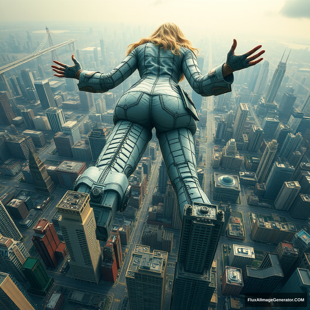 An extreme distance view shot of an impossibly tall female scientist toying with a city. She grew to titanic proportions after greedily chugging her self-invented growth serum. One drop was enough to increase the height of mammals by three meters, she drank a whole warehouse's worth. Her now ascended, massive form defies reality.