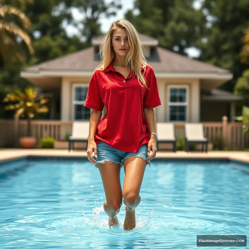 Front view of a young blonde skinny woman with a good tan in her early twenties standing in her massive backyard. She is wearing an oversized red polo t-shirt that is slightly off-balance on one shoulder. The collar and bottom part of her t-shirt are untucked. She has on half-sized light blue denim shorts, and she is barefoot. She jumps into the pool, and her legs go into the water, making a little splash.