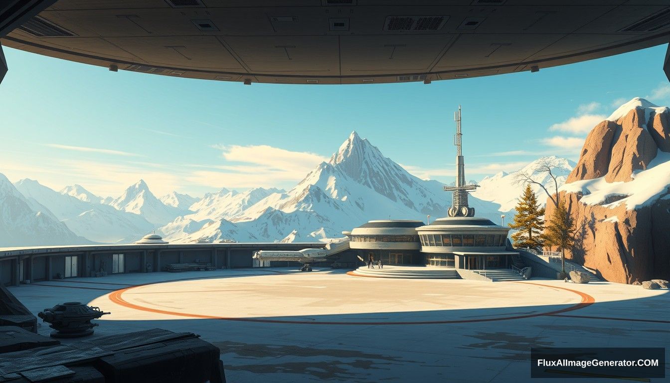 Cel shaded art, wide shot, a sci-fi center on the top of a snow mountain, open air, close look, cyberpunk, military base, Star Wars style, indoor, patio, morning, sunlight, fortress, mountain, rock, snow, tarmac, parking apron, cave, tree, landing field, cliff, round shape. - Image