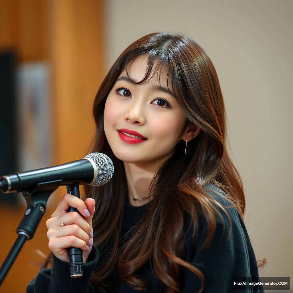 A Korean beauty is looking at me while holding a microphone.