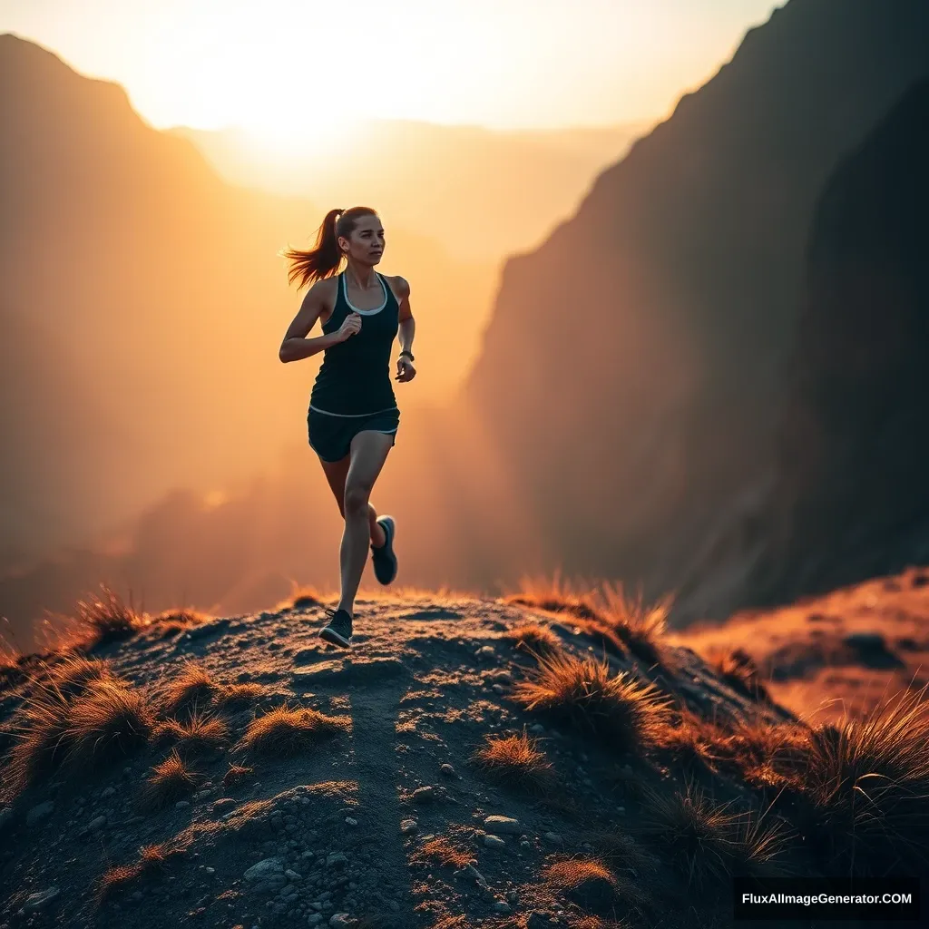 A beautiful woman jogging on a small mountain in the early morning. - Image