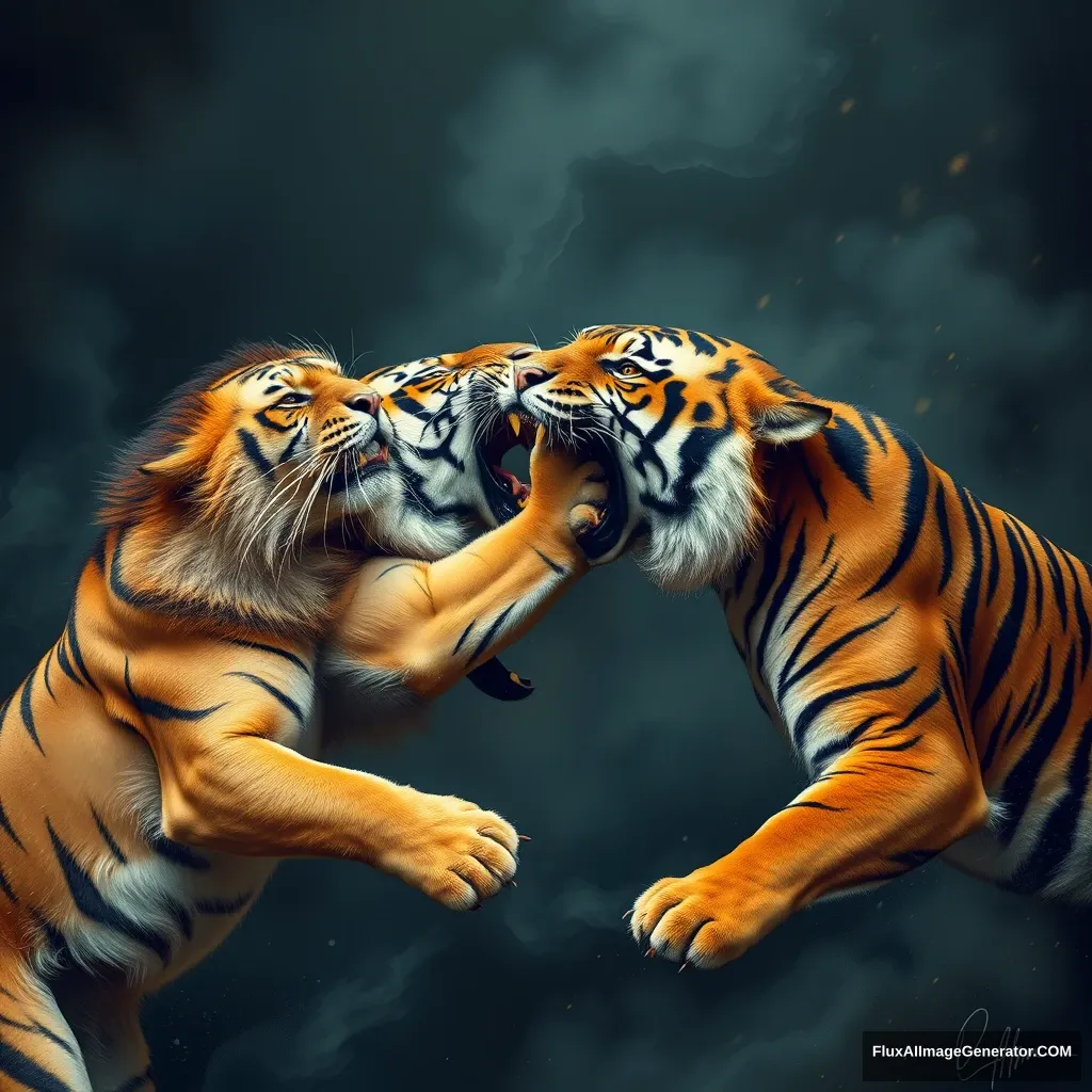 The fight of the lion and the tiger. - Image