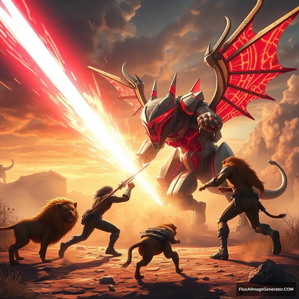 Photorealistic, epic scene of the super zoo heroes fighting the "mecha chimera," their arch enemy. The mecha chimera has absorbed the power of the savannah and is channeling it into a giant energy death ray. - Image