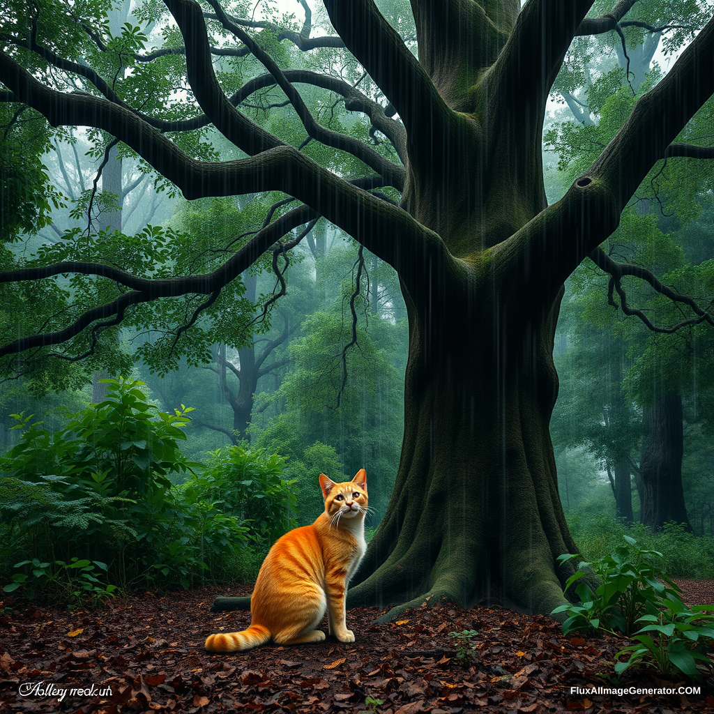 "After the rain in the forest, an orange cat under a big tree. It needs to be very real."