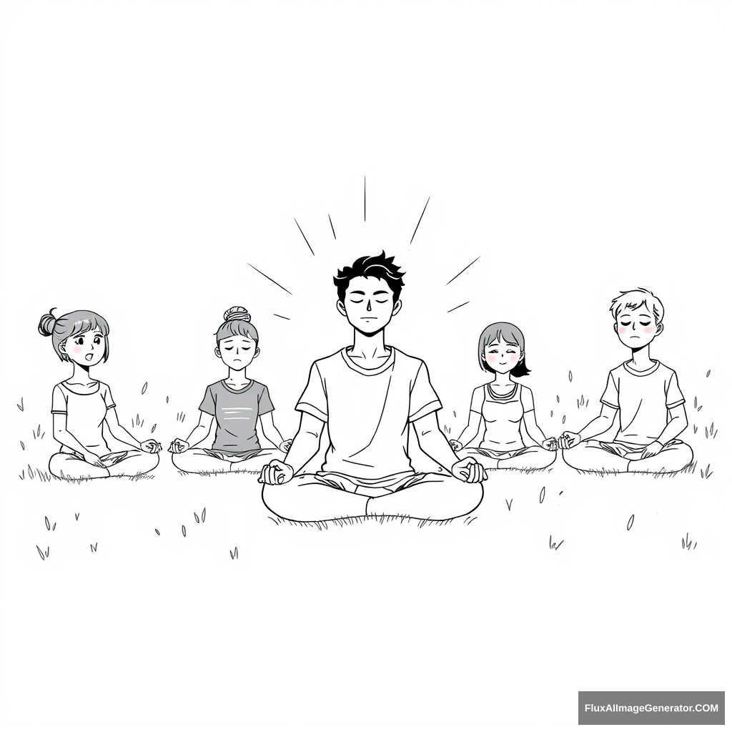 A group of people are sitting cross-legged meditating with rays of light emitting around them, and others have a slightly surprised expression beside them, and the environment is an open field, minimalist style, simple black and white line drawing, white background, anime style. - Image