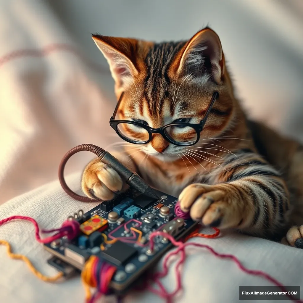 A mischievous tabby cat, wearing tiny spectacles, meticulously solders a circuit board with a miniature iron. Vibrant threads weave intricate patterns, mimicking electronic pathways. Soft fabric backdrop, warm lighting. Delicate French knots form components. Style: Hyper-realistic embroidery art, blending traditional craftsmanship with modern technology. - Image