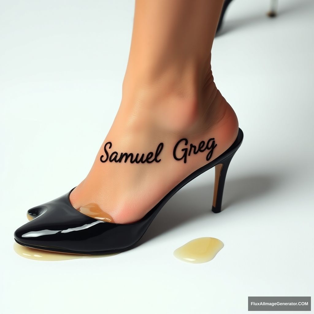 The name "Samuel Greg" on a woman's foot in a black high heel. There is oil all over the foot. - Image