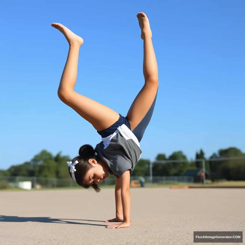 "Create a photo: A girl in sportswear is barefoot and doing a cartwheel." - Image