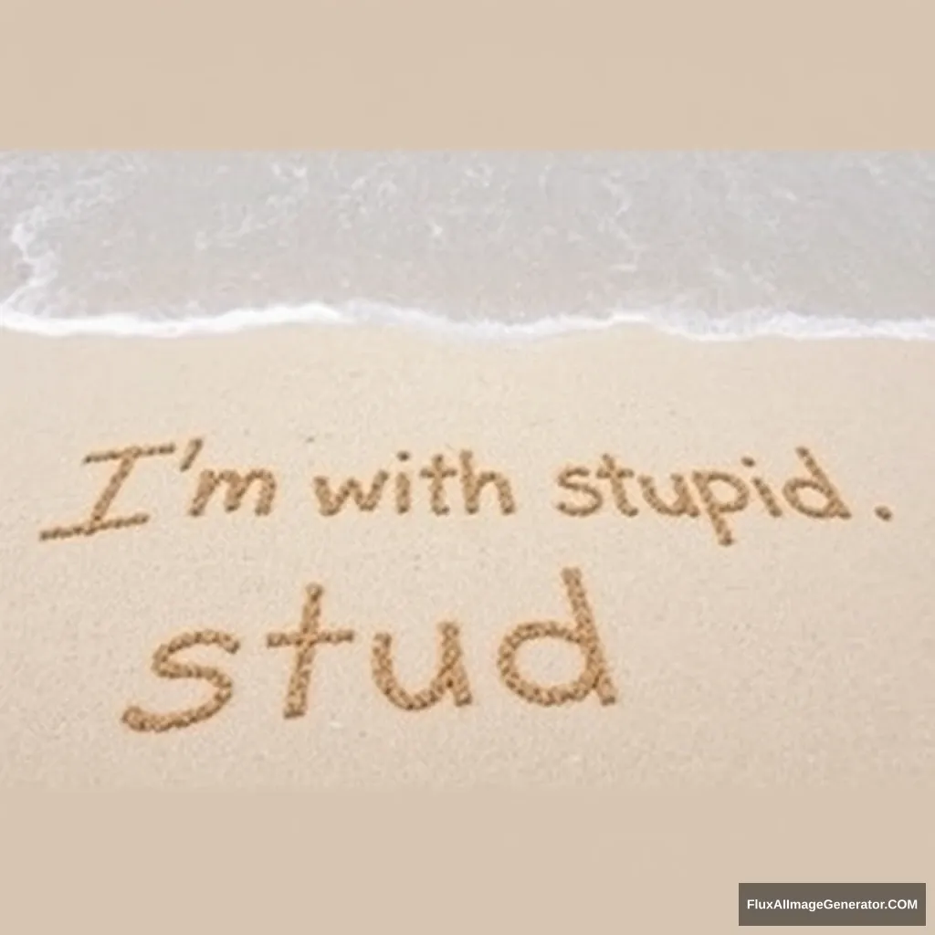 A beach, with "I'm with stupid" written in the sand, ocean in the background.