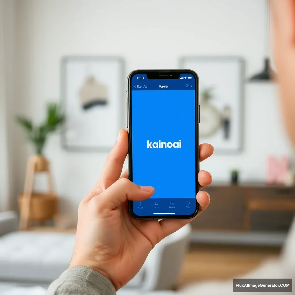 An interior designer is holding a phone, and the phone screen displays the KainoAI app, which has a blue style. - Image