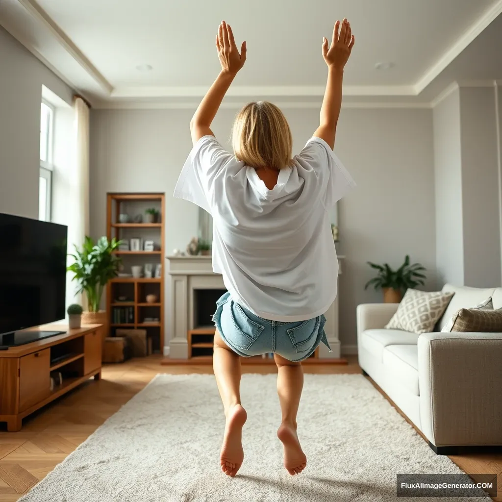 Side view angle of a skinny blonde woman in her enormous living room, wearing an extremely oversized white t-shirt that is also very unbalanced on one shoulder. She has on oversized light blue denim shorts that are not rolled up, and she is barefoot. Facing her TV, she dives headfirst into it, arms raised below her head, legs elevated high in the air, positioned at a 60-degree angle.