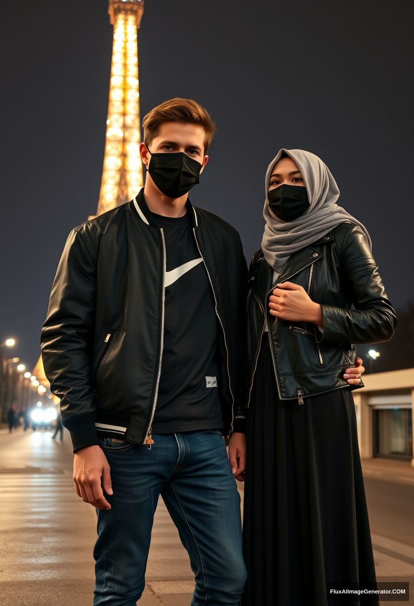 Jamie Dornan, young, black face mask, collage jacket, Nike t-shirt, jeans, tall man, fit body, 

Dating, love with a big grey hijab Muslim girl, beautiful eyes, black face mask, leather jacket, biggest longest skirt, cute short girl, 

standing near the Eiffel Tower, night scenery, hyper-realistic, photorealistic, street photography. - Image