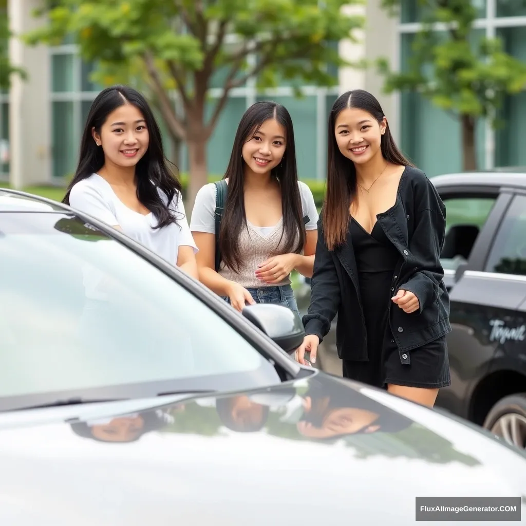 3 very large chested Asian female college students washing a car - Image