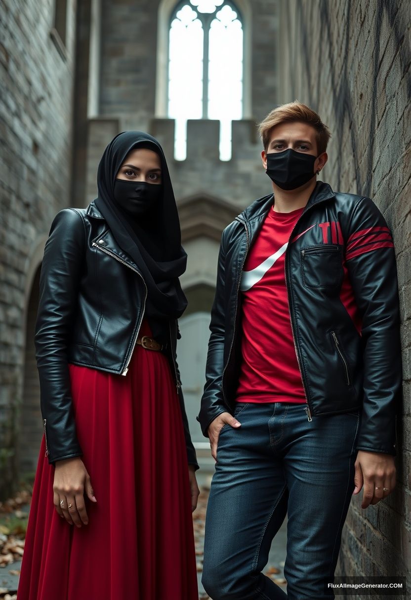 A biggest black hijab girl, beautiful eyes, face mask black, black leather jacket, biggest red longest dress, untall, standing near him,

Jamie Dornan, handsome, youngest, face mask black, fit and tough body, Nike red t-shirt, black leather jacket, jeans, tall man, laying at wall,

Hyper realistic, photorealistic, studio photography, Victoria's abandoned castle, gloomy.