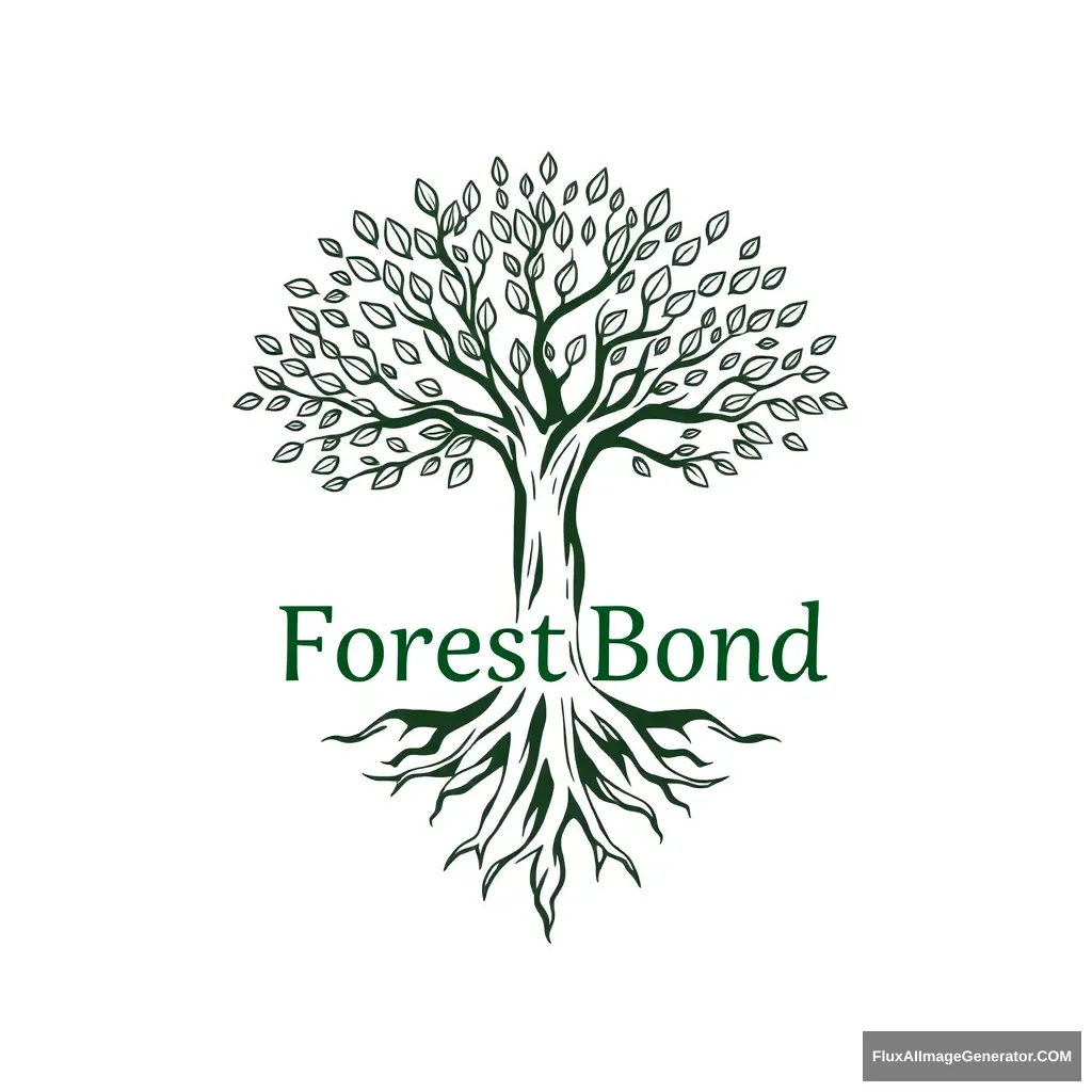 It's a logo for an app called forestbond. It's a tree in the shape of a woman spreading its branches with a lot of leaves. It gives the impression of deep and solid roots. Draw it in a reverent way and write the words Forest Bond in the drawing arc. The feeling should be serious. Don't overlap the drawing and the text. - Image