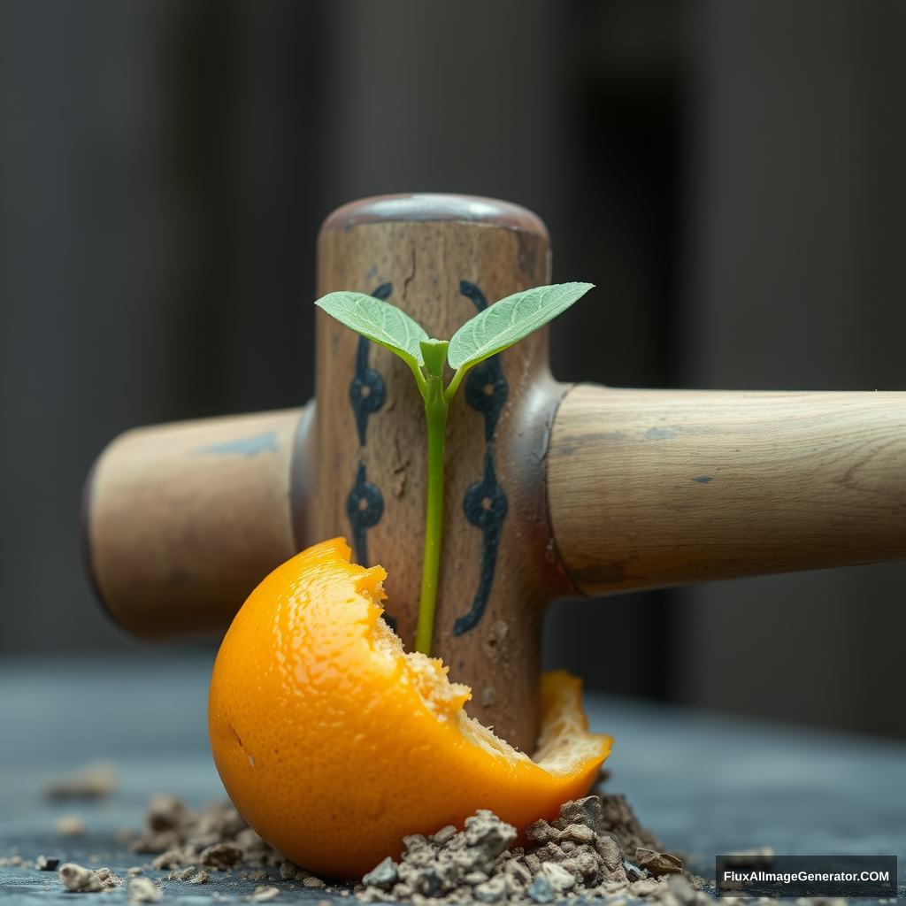 A small sprout sprang from an orange, penetrating a decaying and crumbling court hammer. - Image