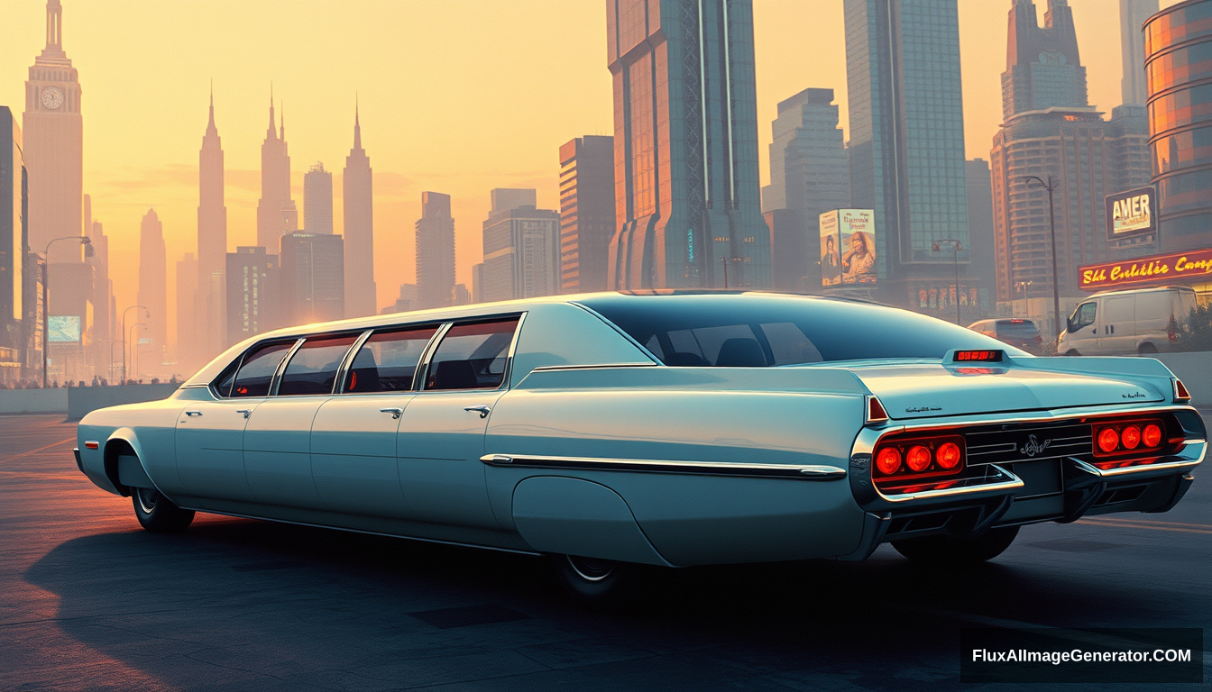 A 1970s futuristic limousine concept, as painted by Syd Mead, future city setting, 4k.