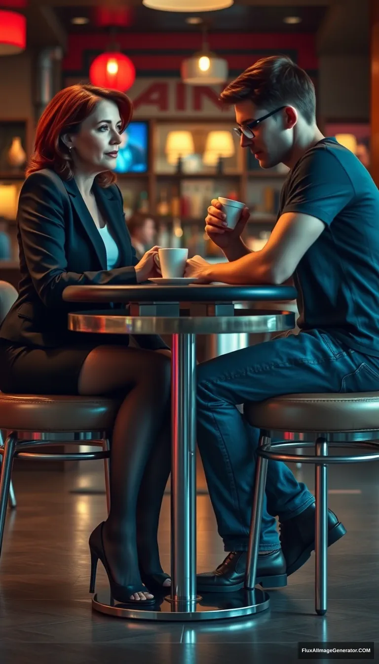 Cinematic Style. A woman and a man are sitting at a table in a bar, having coffee. The woman is in her 40s, has red hair, her mouth closed, wearing business attire, black pantyhose, and open-toe high heels. She looks at the man with superiority. The man is a 20-year-old shy individual, with glasses, wearing jeans and a T-shirt. The shot is taken from the side, from a distance of at least 5 meters, so both their figures are visible. The woman is looking at the man. The table has one metallic leg in the middle. The woman and the man are sitting on opposite sides, facing each other. The man is looking down at the table, while the woman is looking at him | Cinematic | worm's eye view. - Image