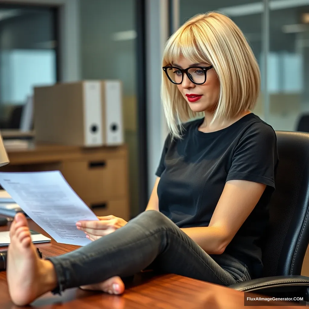 A blonde woman in her 30s with a bob haircut, wearing black-rimmed glasses and red lipstick, is sitting at her desk in an office, reading a note. She is dressed in skinny dark grey jeans and a black t-shirt, resting her feet on the table, with her toes visible. - Image