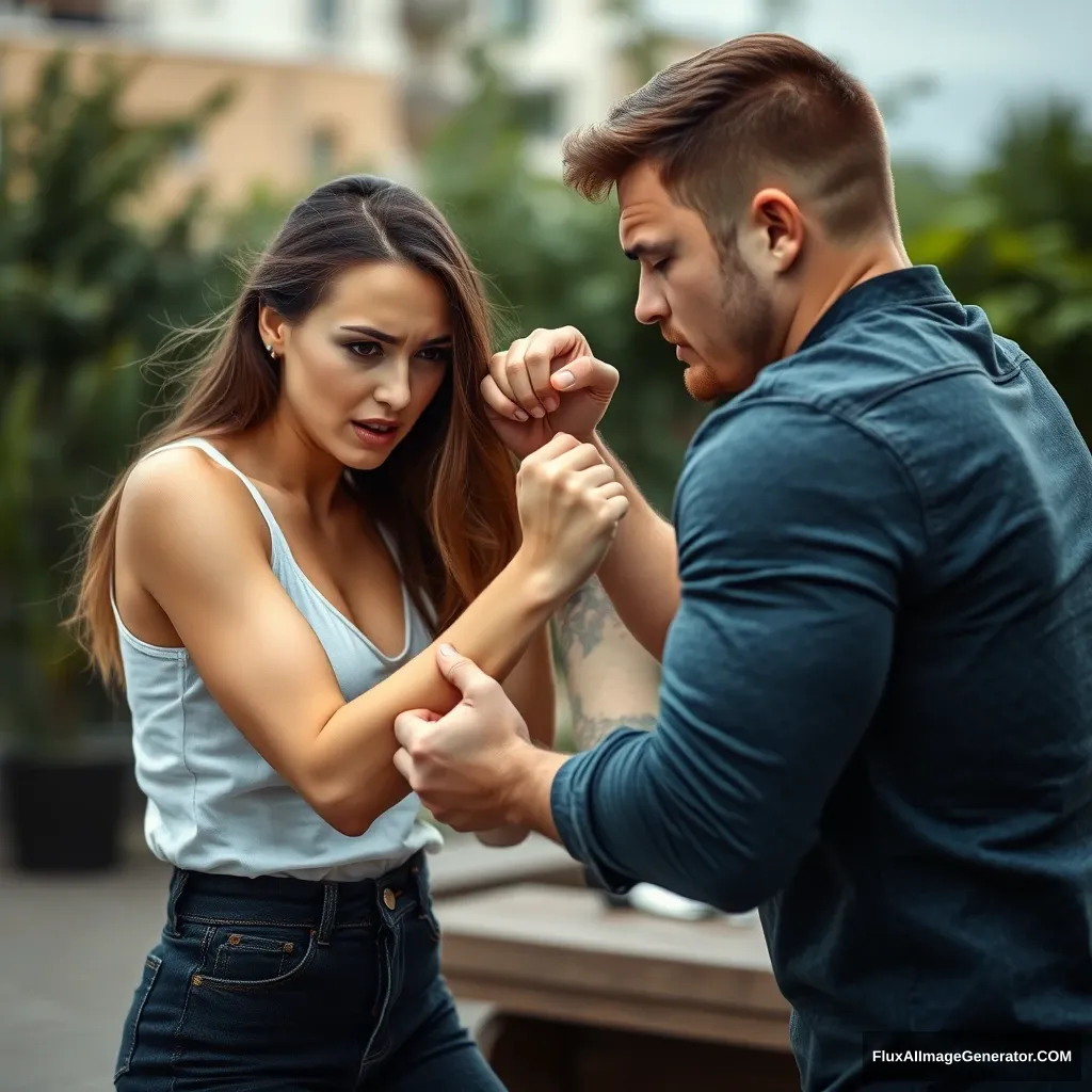 A pretty small delicate and slim lady is fighting her big muscular boyfriend in a casual fight. She is in control and has him completely immobilized, holding his arms blocked by gripping them in her feminine but strong hands; he looks worried.