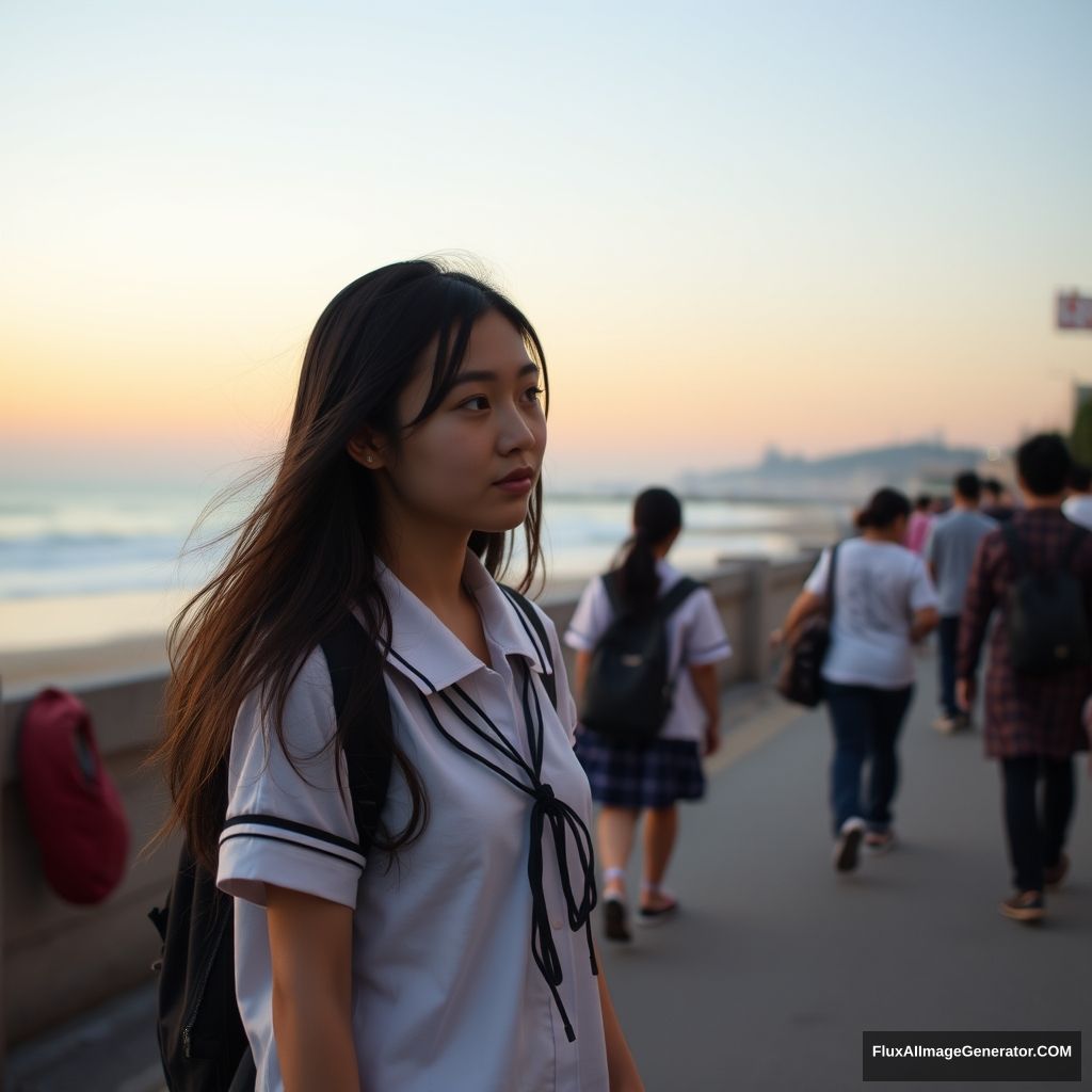 A female student walking by the sea, beach, dusk, Chinese people, street, Chinese school uniform, 16 years old.