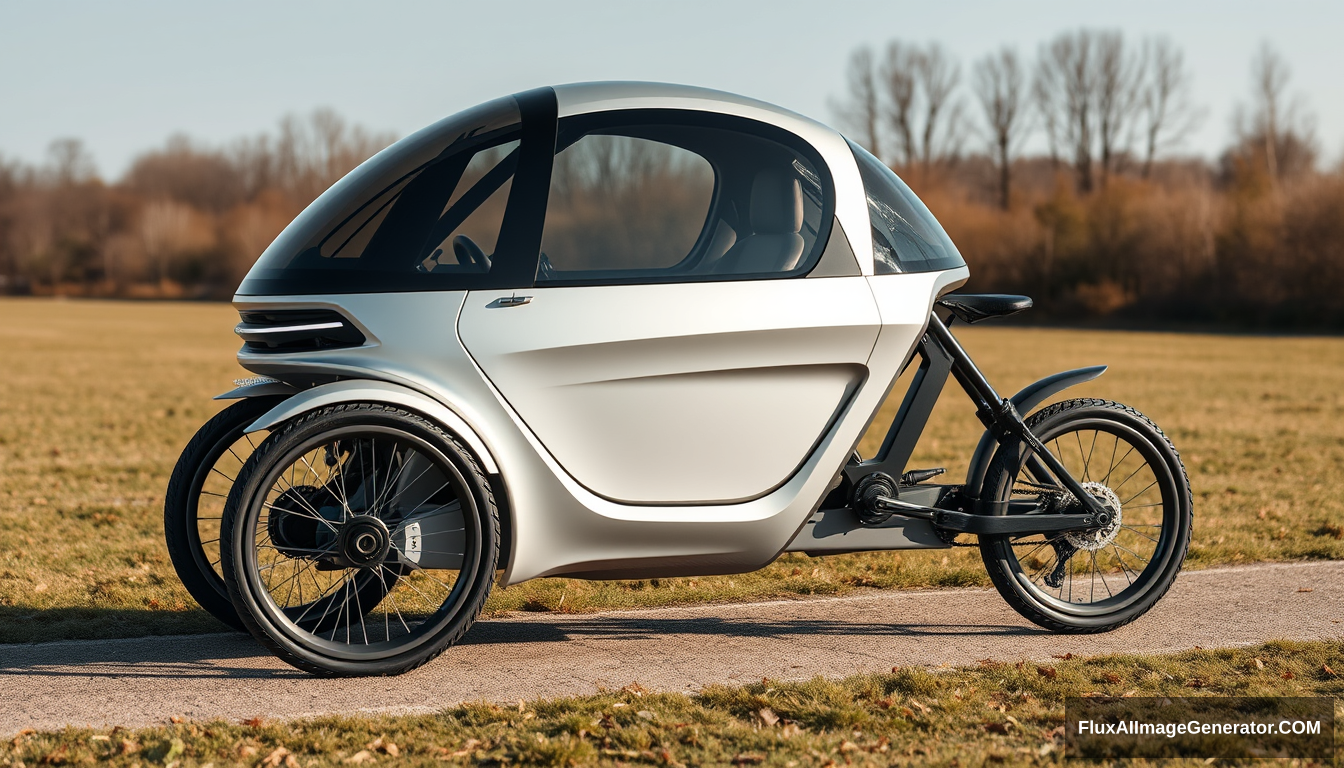 3-wheeled, enclosed, concept car, (just 2 wheels in front), (only 1 in back), 4k, wide bicycle wheels, very low, detailed.