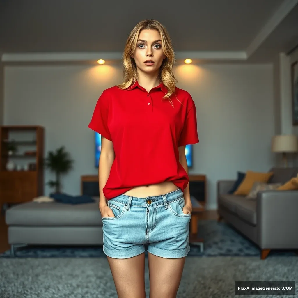 Front view of a young blonde skinny woman in her early twenties in her massive living room, wearing an oversized red polo t-shirt that is slightly off balance on one shoulder, with the bottom part left untucked. She is also wearing light blue denim shorts and has no shoes or socks. She faces her TV with a shocked expression as she dives into the magical screen.