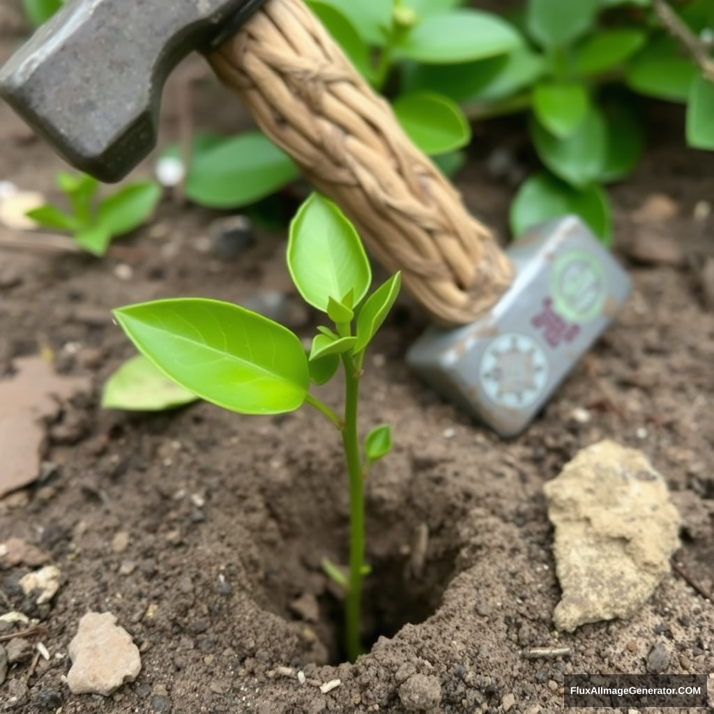 A small underground citrus shoot was emerging from the ground beneath a decaying and crumbling court hammer.