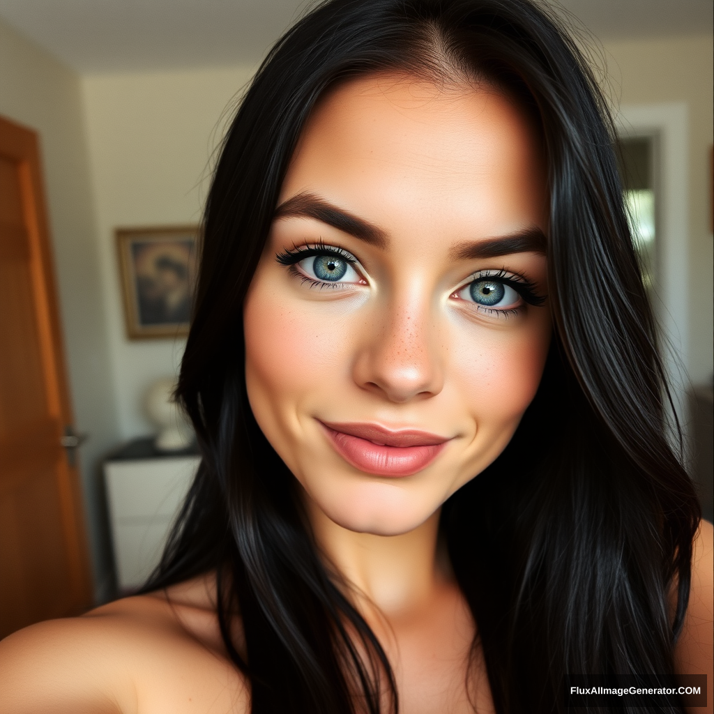 vsco selfie, a 28-year-old gorgeous woman, sharp focus slight smile, detailed skin face and eyes, natural lighting, at home, long hair, film grain, low contrast, natural face, freckles, black hair, blue eyes.