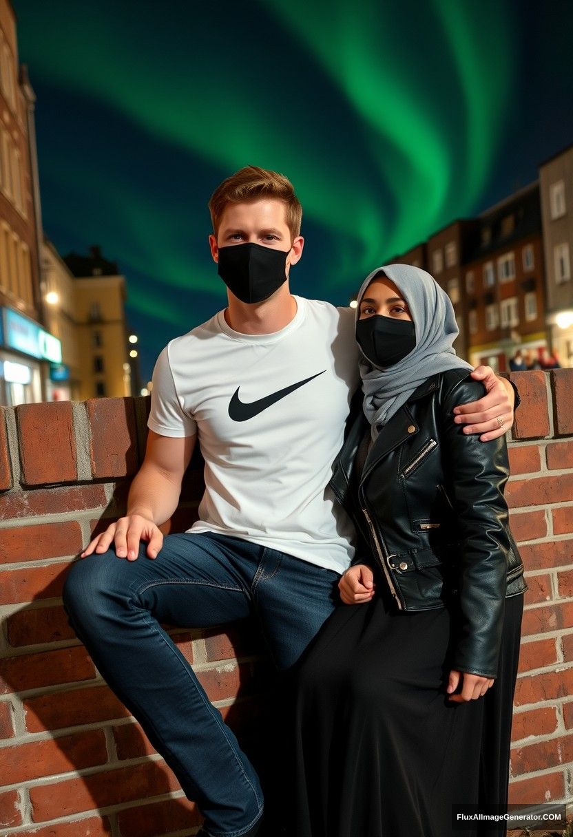 Jamie Dornan, tall and handsome, wearing a black face mask, a white Nike T-shirt, and jeans, is dating a lovely grey hijab-wearing Muslim girl with beautiful eyes. She is wearing a black face mask, a leather jacket, and the longest and biggest skirt, and she is not tall. They are sitting against a brick wall in town, captured in photorealistic street photography and selfie photos, with a night scenery featuring the aurora borealis.