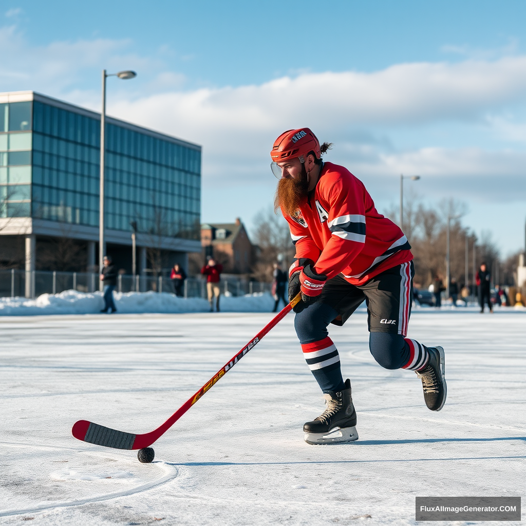 bearded hockey player plays hockey on the street