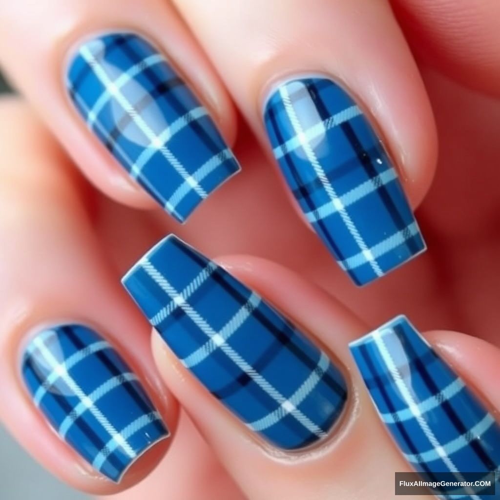 Closeup of a woman's long fingernails. The fingernails are painted with a blue and white plaid pattern.