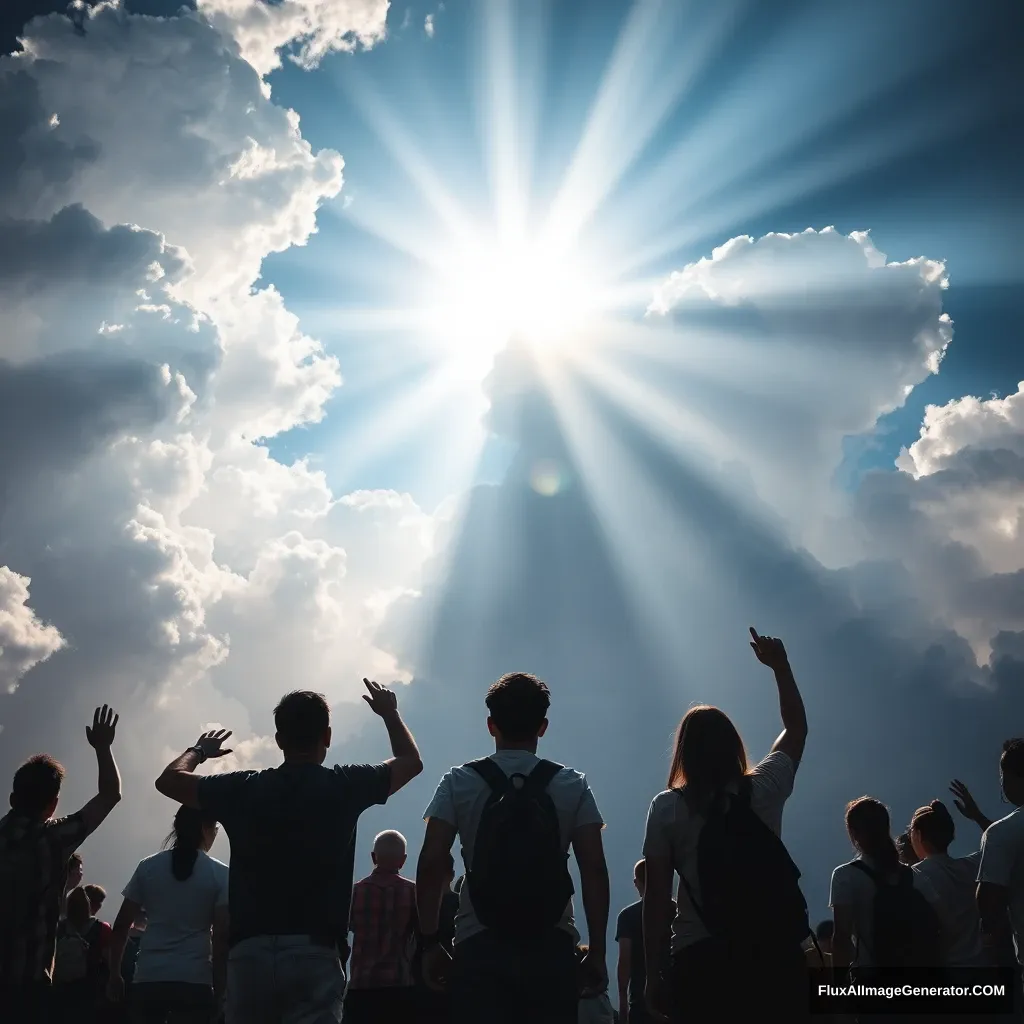 /imagine prompt: A stunning scene with a dramatic sky where beams of light burst through dense clouds, illuminating the silhouettes of people reaching towards the sky. The clouds are dynamic and voluminous, with vibrant blue sky peeking through. The light rays are sharp and radiant, creating a celestial atmosphere. The people below are seen from behind, their backs turned towards the sky, wearing casual clothing like t-shirts and jeans, some with backpacks, while others have their arms raised in awe. Their shadows add contrast and emphasize the light from above. Photorealistic details, high dynamic range, atmospheric perspective, vivid color contrasts, and dynamic lighting effects, hd quality, natural look --ar 16:9 --v 6.0