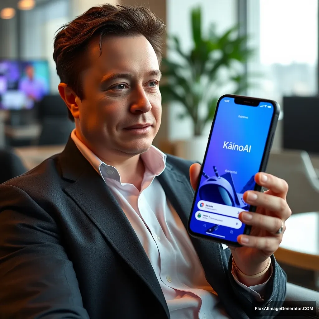 Elon Musk sostiene un teléfono y la pantalla del teléfono muestra la aplicación KainoAI, el fondo está en la oficina de OpenAI. - Image