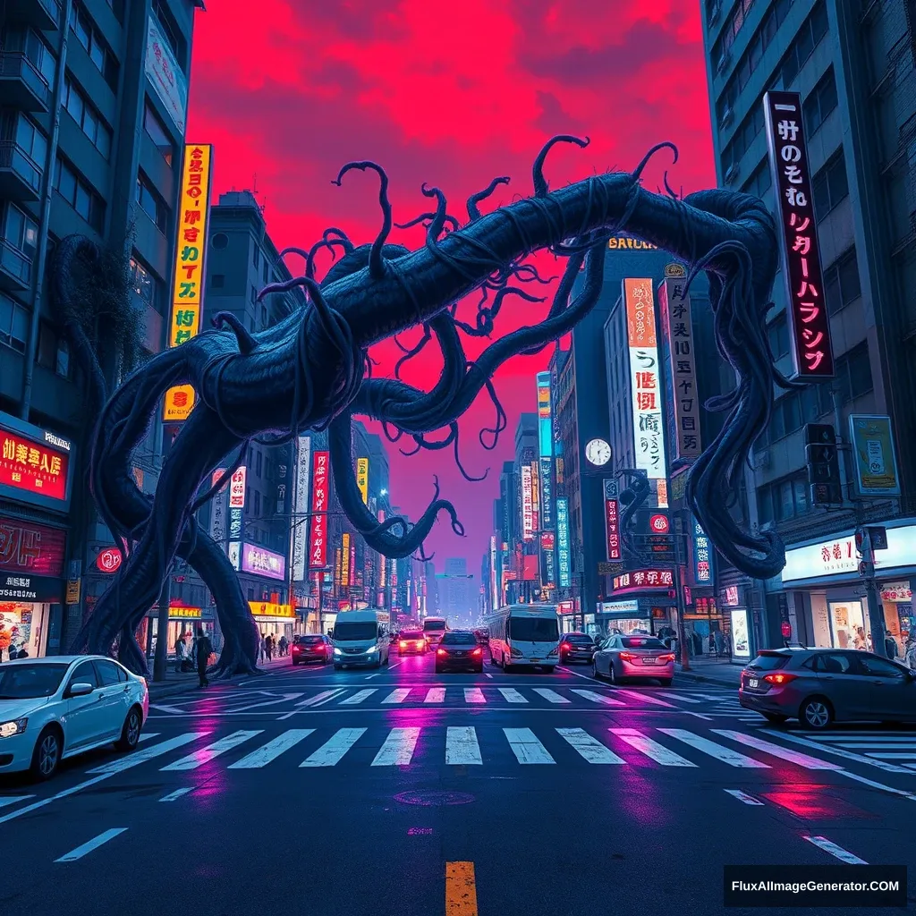 A cyberpunk style video game concept painting, wide-angle city view, Shibuya Scramble Crossing, Tokyo is corrupted by giant vines, night scene, crosswalk line, abandoned vehicles, blue and purple neon lights, sky is dyed red.