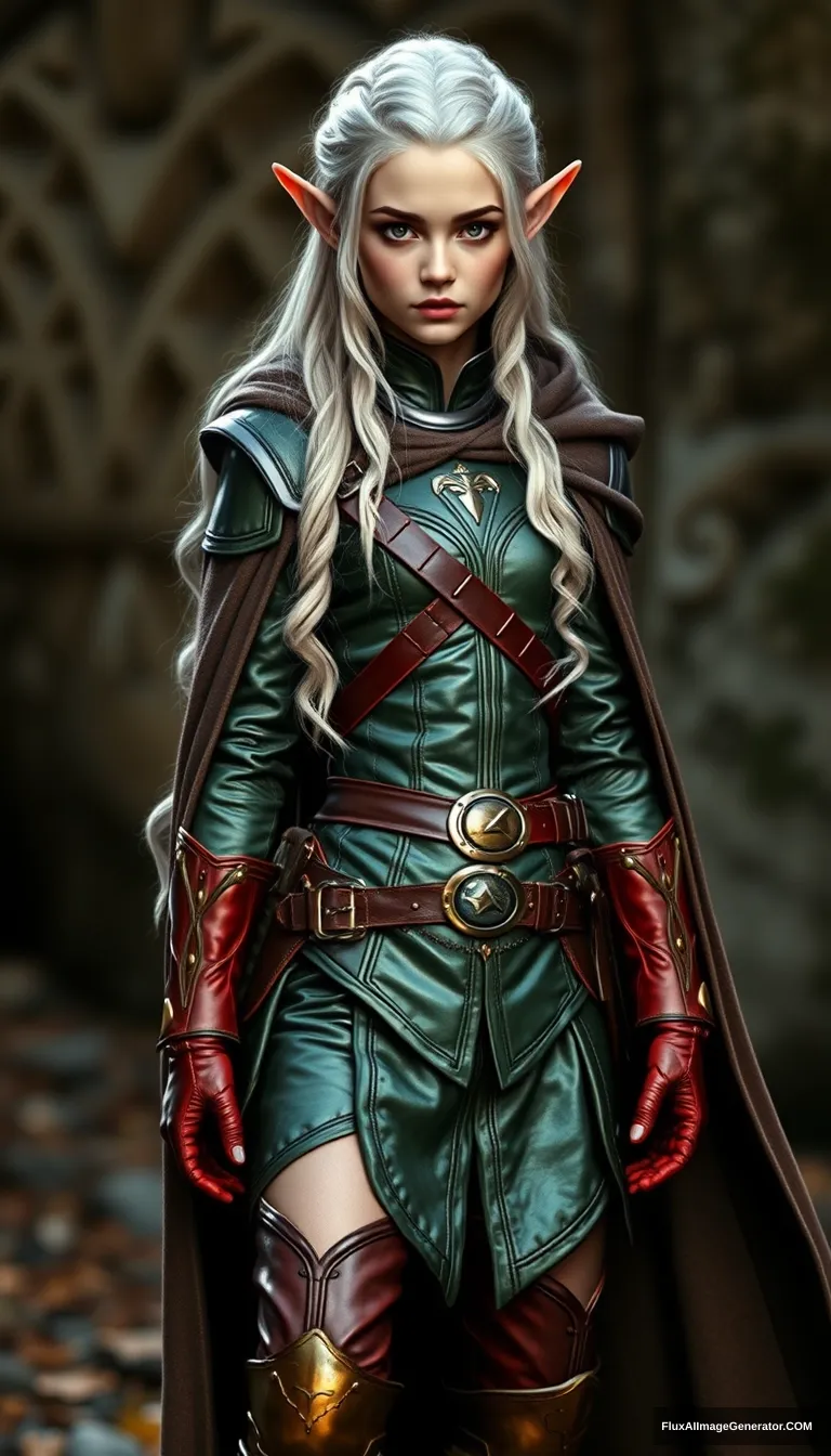 Gorgeous and elegant girl elf warrior (Emma Watson), full body shot, platinum colored hair, greenish metallic military uniform, reddish military metallic boots, dark brown cloak, realistic photo, 8K. - Image