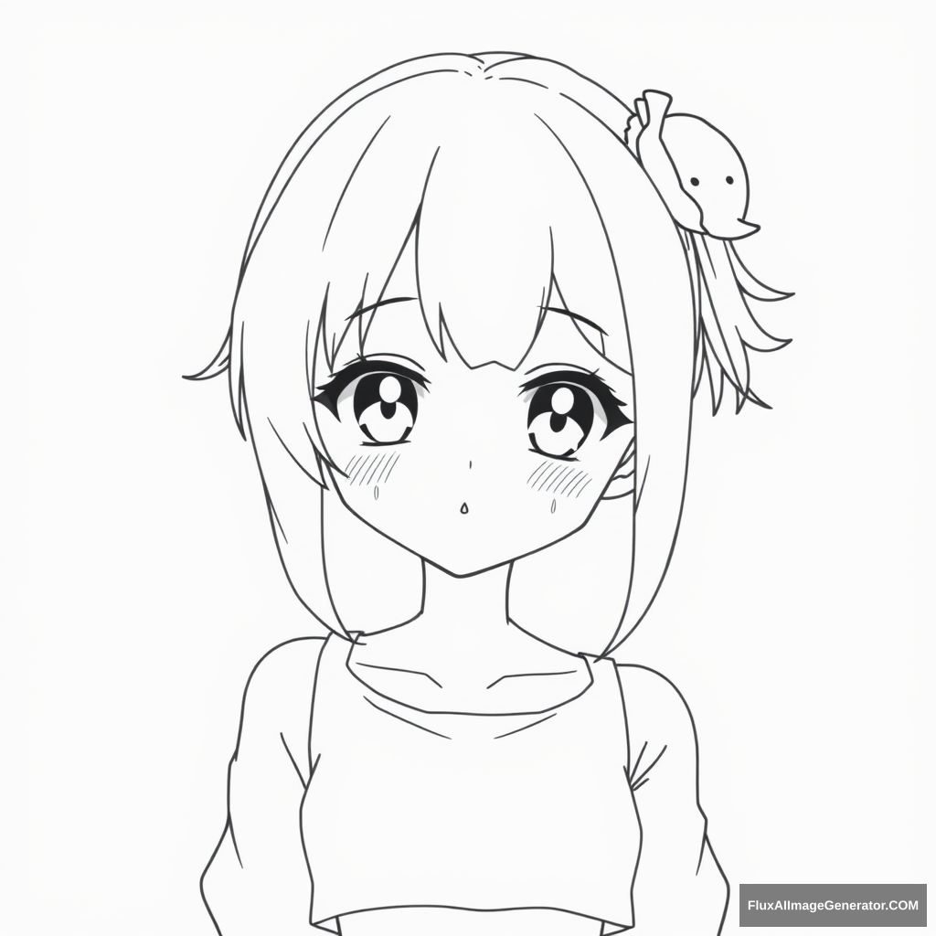 Neat and simple line art character drawing. Anime girl. Beautiful. Simple eyes. Some accessories. Crop top.