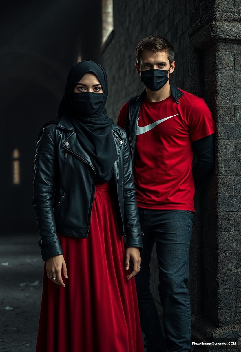 A biggest black hijab girl, beautiful eyes, face mask black, black leather jacket, biggest red longest dress, not tall,

Jamie Dornan, handsome, face mask black, fit and tough body, Nike red t-shirt, black leather jacket, jeans, tall man,

standing lean at wall together,
Hyper realistic, photorealistic, studio photography, Victoria's abandoned castle, gloomy, darkness.