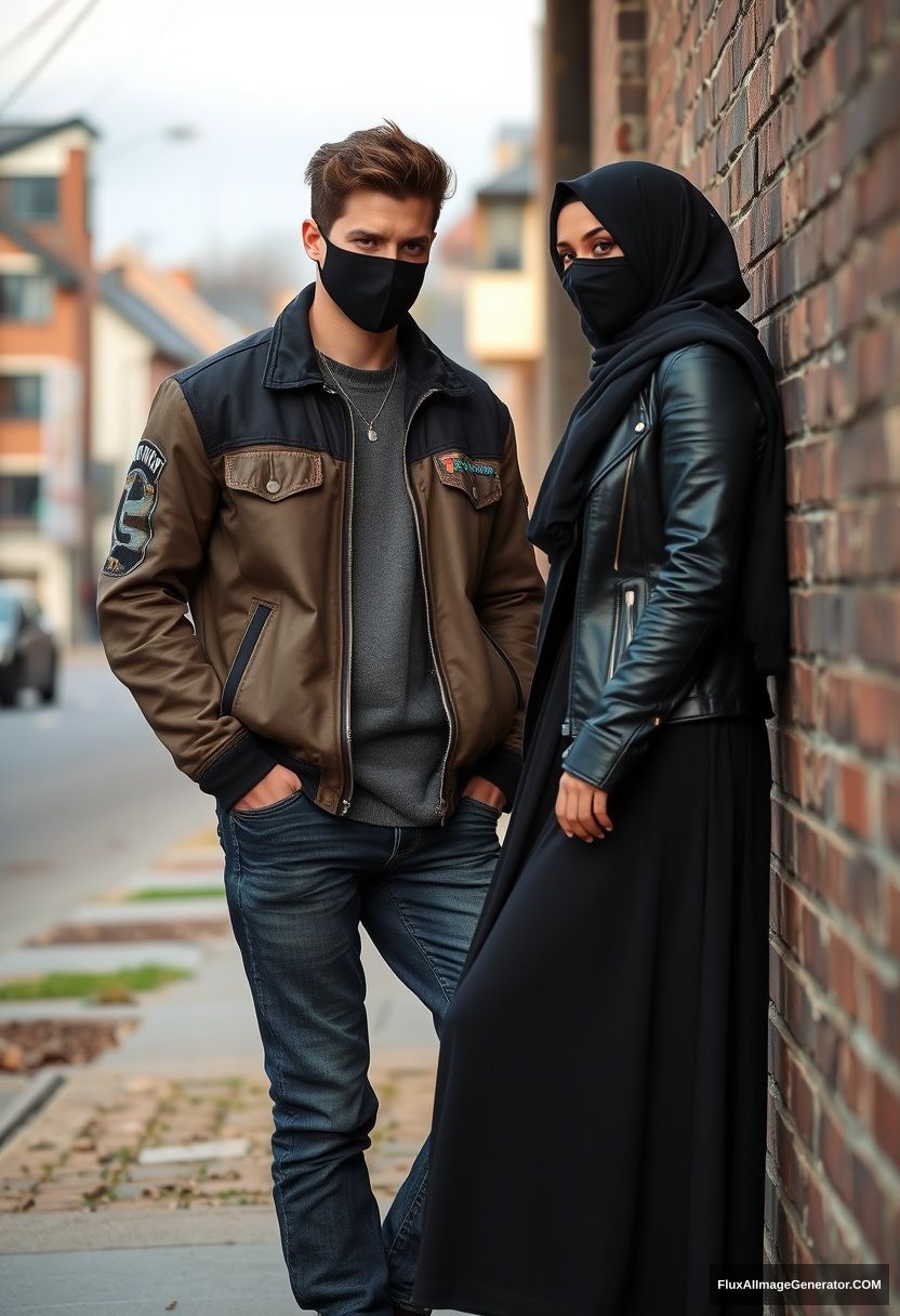 Jamie Dornan, handsome, young, black face mask, collaged jacket, jeans, dating a romantic love with the biggest black hijab Muslim girl, beautiful eyes, black face mask, black leather jacket, sneakers, the biggest longest skirt standing leaning against a brick wall, town, morning scenery, photorealistic, street photography.