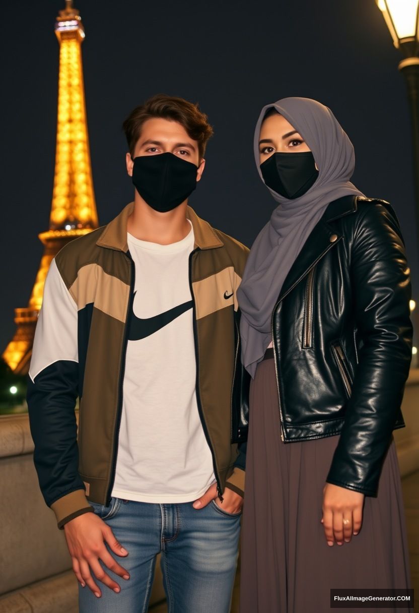 Jamie Dornan, young, black face mask, collage jacket, Nike t-shirt, jeans, tall man, fit body,

Dating, love with a big grey hijab Muslim girl, beautiful eyes, black face mask, leather jacket, biggest longest skirt, cute short girl,

standing near the Eiffel Tower, night scenery, hyper realistic, photorealistic, street photography.